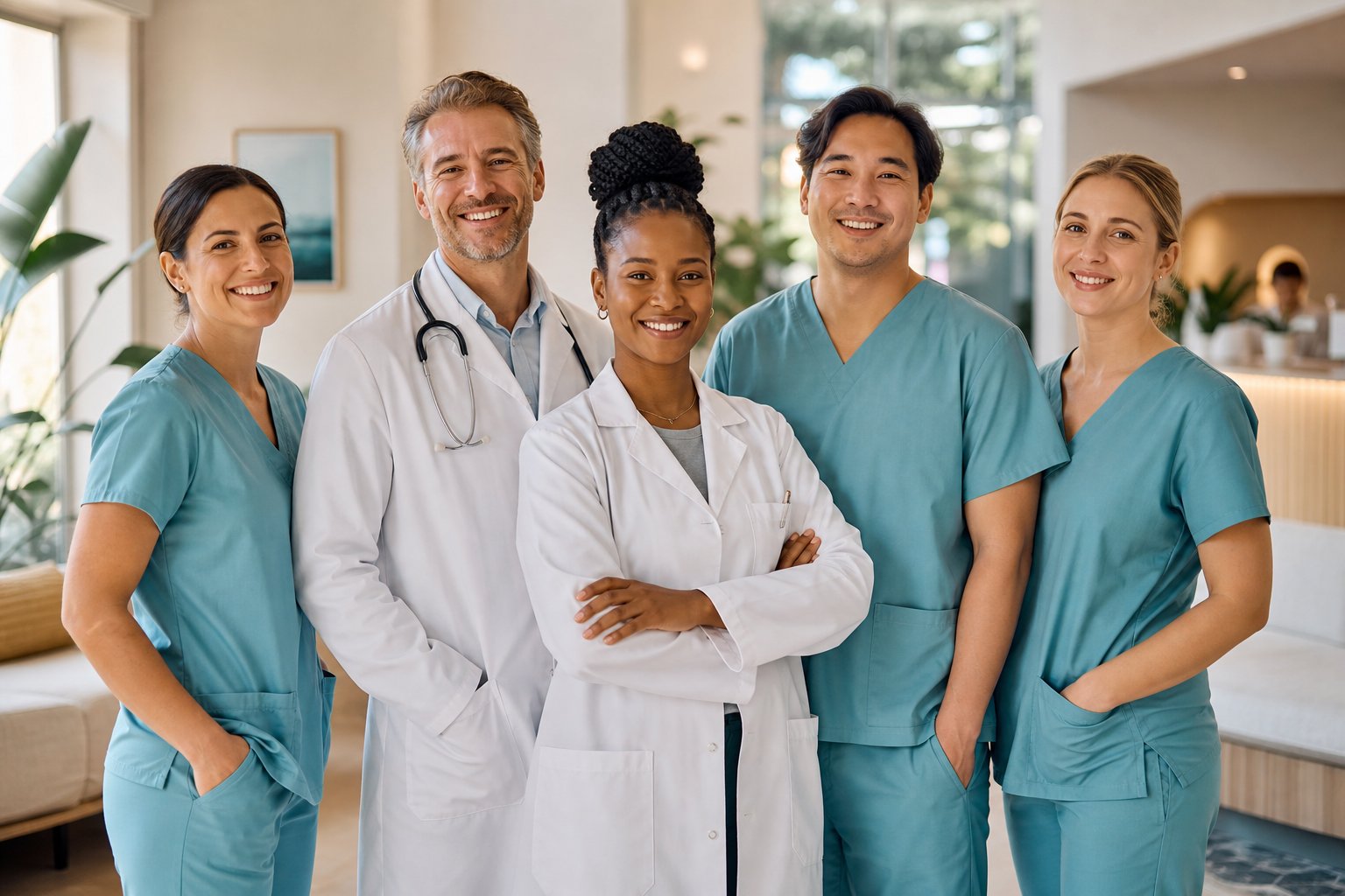 The friendly healthcare team of Protect Wellness Care in a welcoming clinic lobby