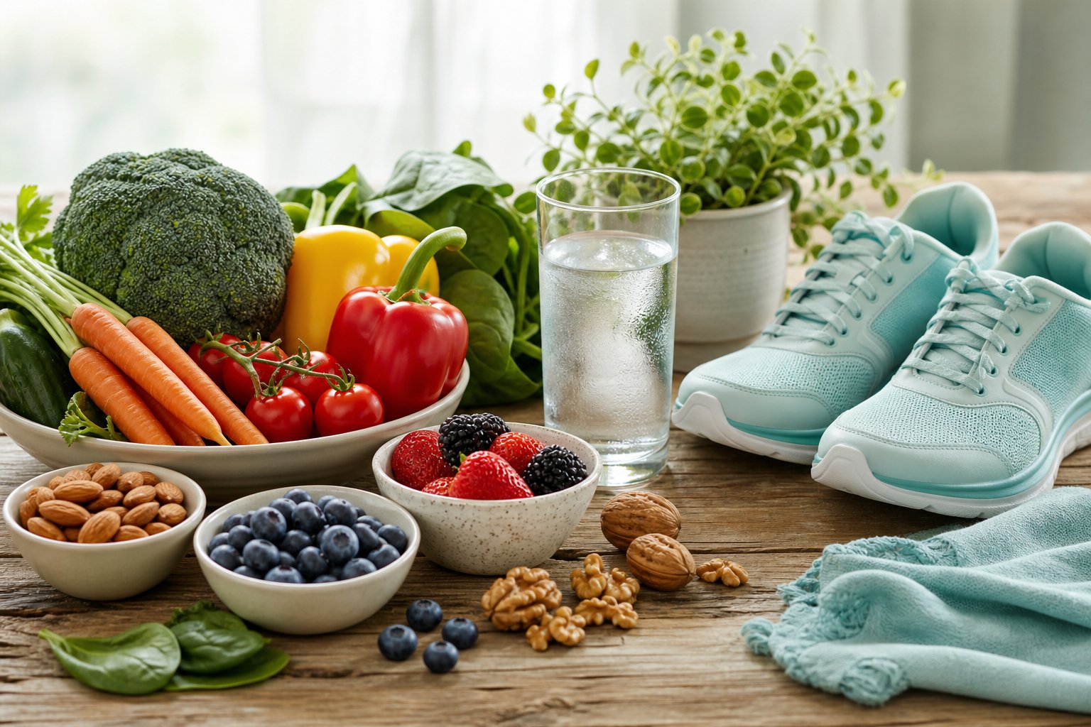 Heart-healthy foods and walking shoes on a wooden table