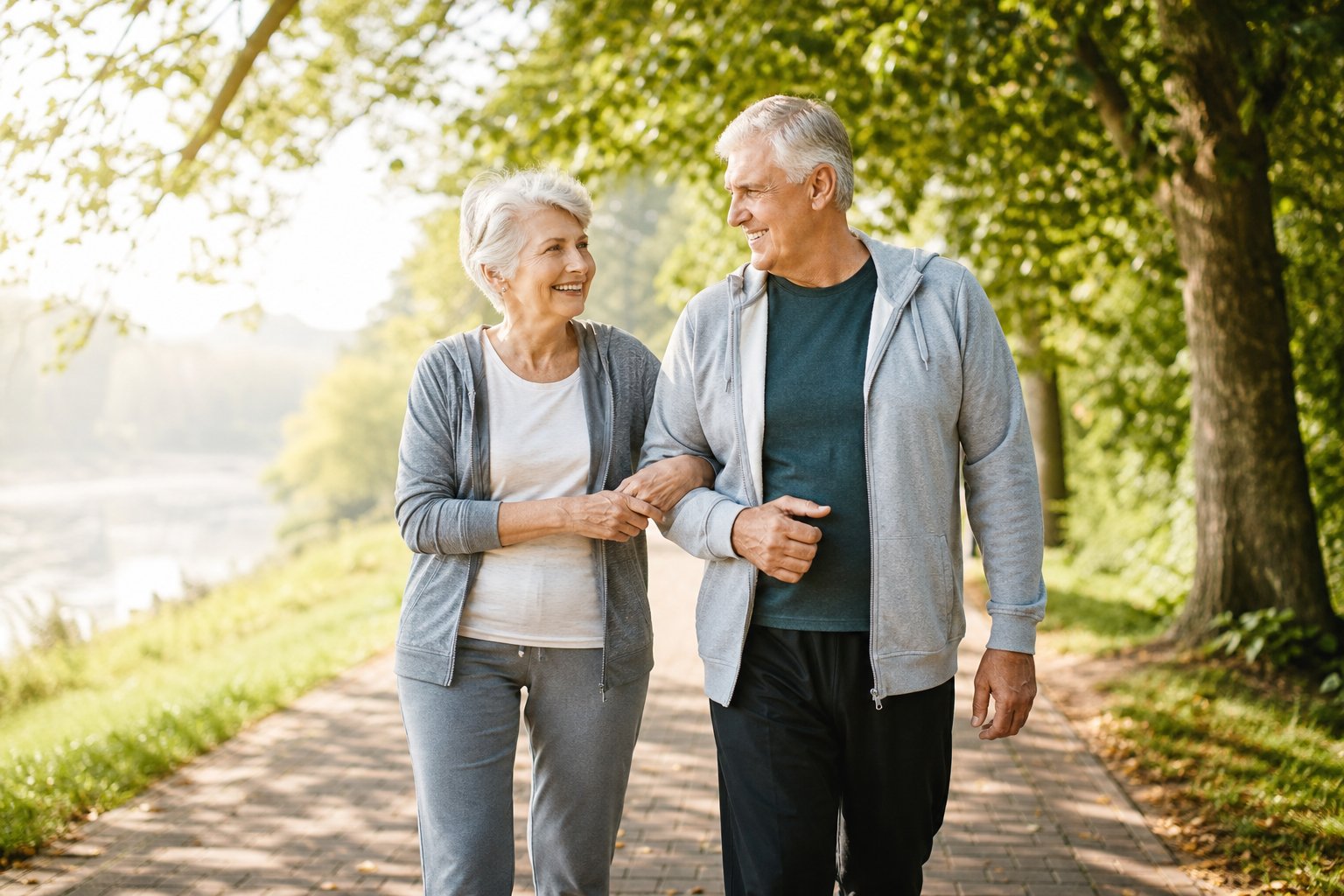 An active senior couple walking together in a green park