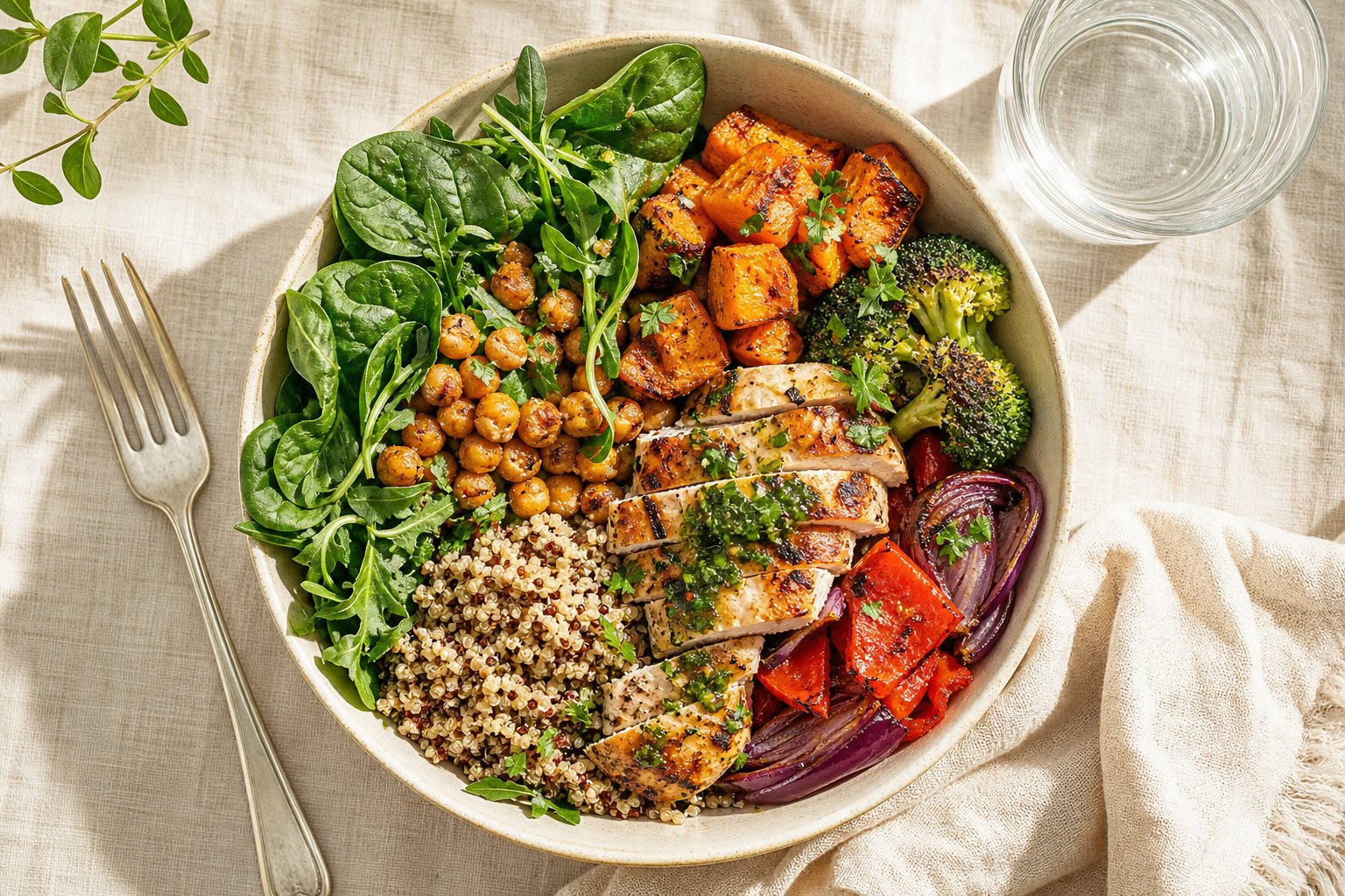 A colorful balanced meal bowl with vegetables and grains