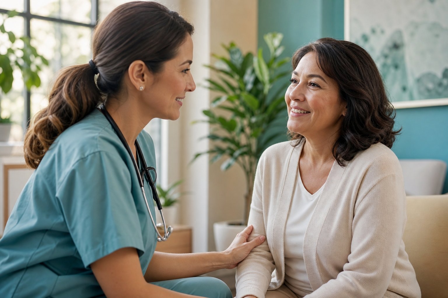 A caring physician talking with a smiling patient in a bright modern clinic