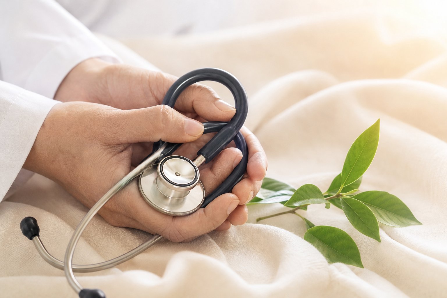 Gentle hands holding a stethoscope with a fresh leaf sprig nearby
