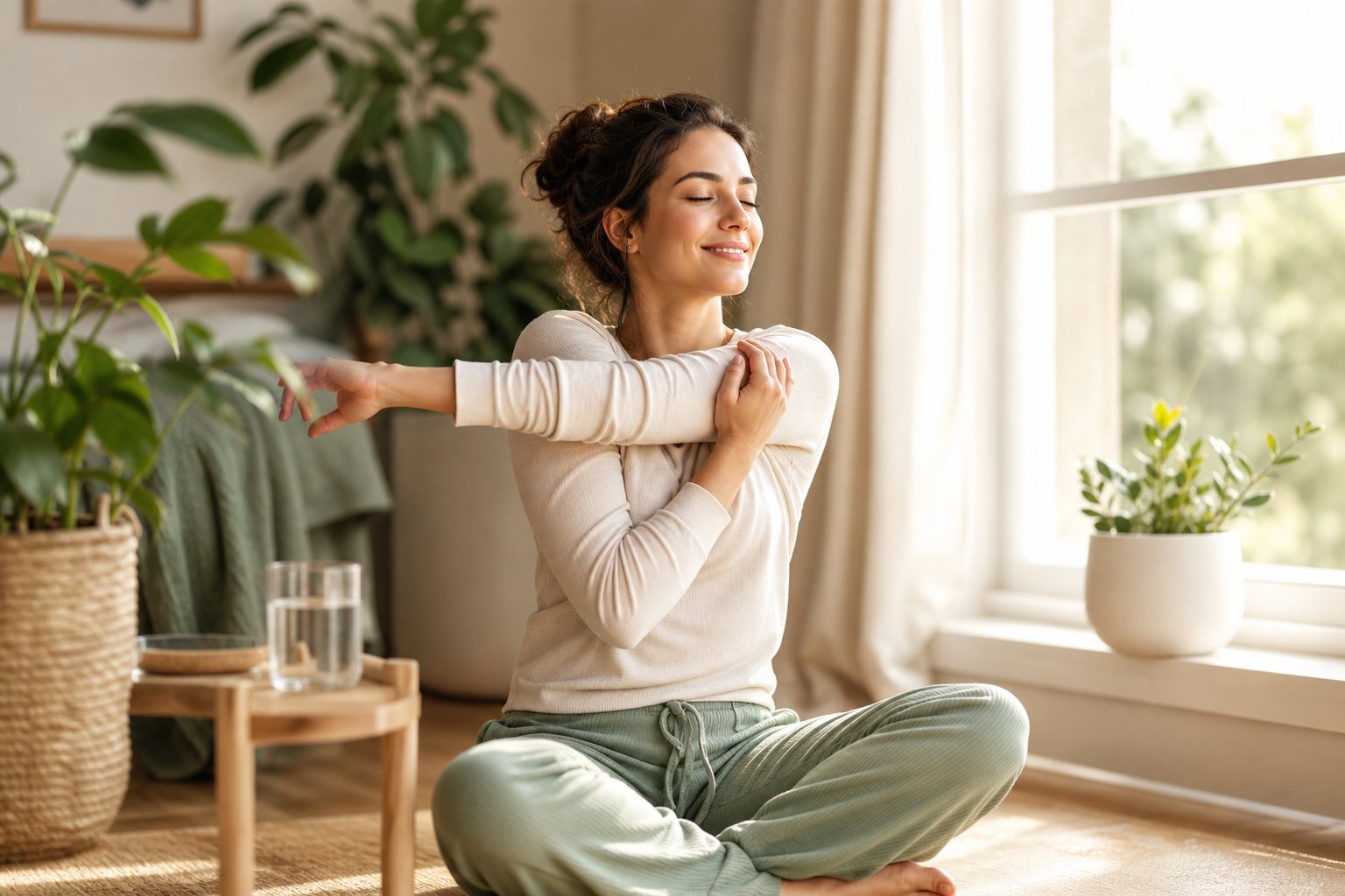 A woman enjoying a gentle morning stretching routine at home